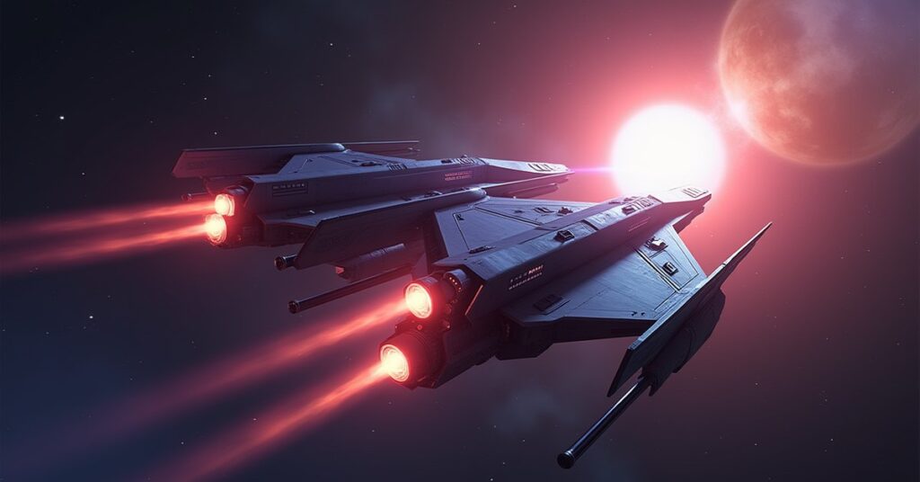 Two starships racing past a glowing checkpoint beacon in Star Trek Fleet Command