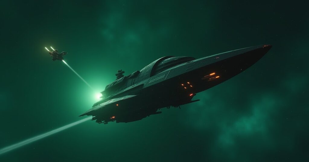 A starship disabling an Orion cargo vessel above a planet in Star Trek Fleet Command