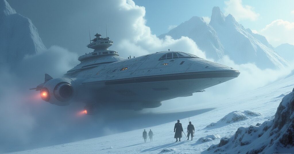A starship escorting a prisoner transport through an ambush above an icy prison planet in Star Trek Fleet Command