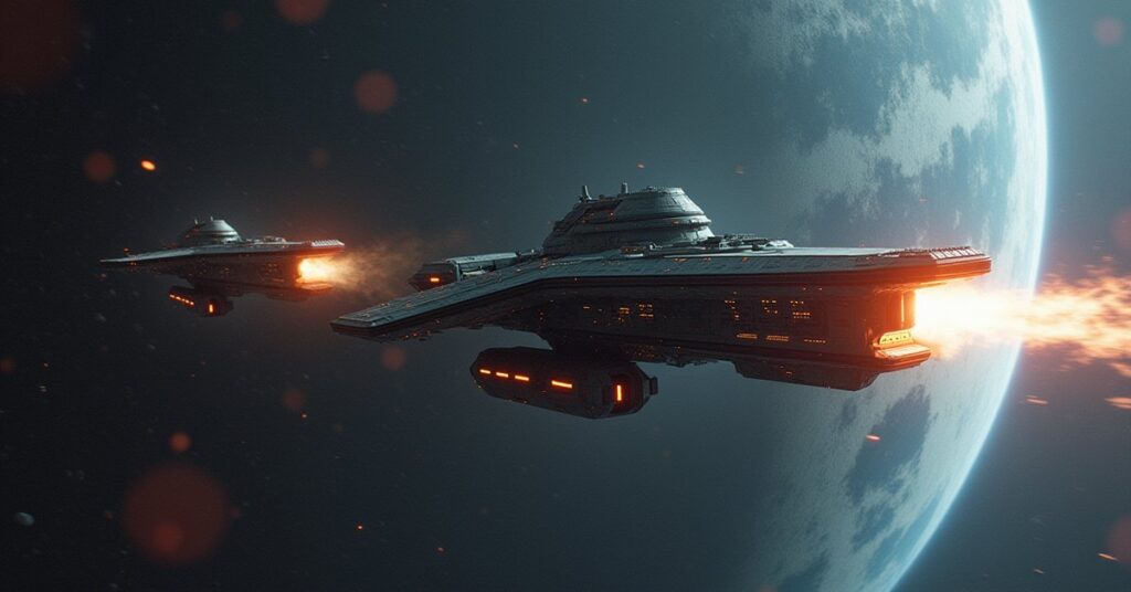 A starship defeating a guard ship and escorting a shuttle toward a large station in Star Trek Fleet Command