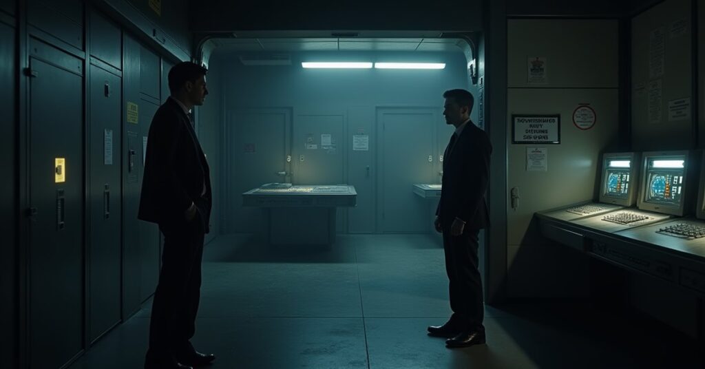 A journalist and an officer sneak into a shadowy laboratory lit by blinking consoles
