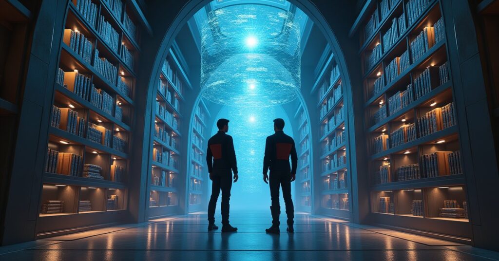 Two cadets unveil a new library inside a space station archive in Star Trek Fleet Command