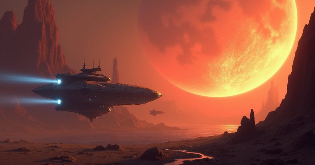 A small starship rescuing an ambassador from a rocky colony as a patrol ship approaches in Star Trek Fleet Command