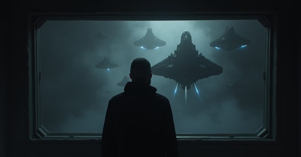 Dark cult ships encircling a lone starship in a shadowy system in Star Trek Fleet Command