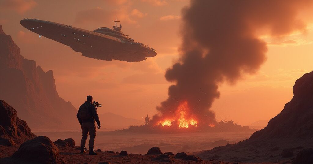 A starship scanning a smoking crash site on a rocky planet as a scavenger ship circles