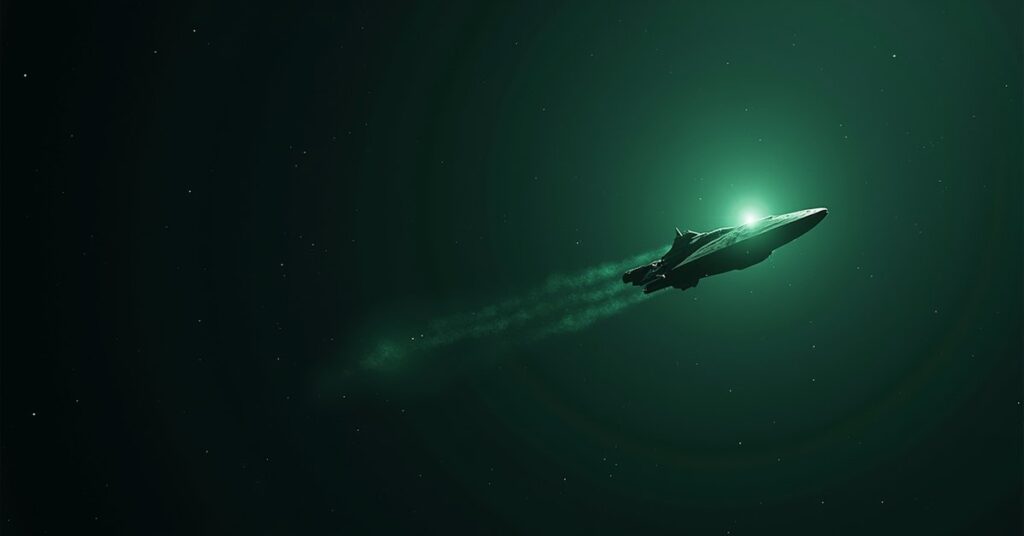 A lone Federation starship returning home through the quiet wreckage left after a Borg invasion in deep space.