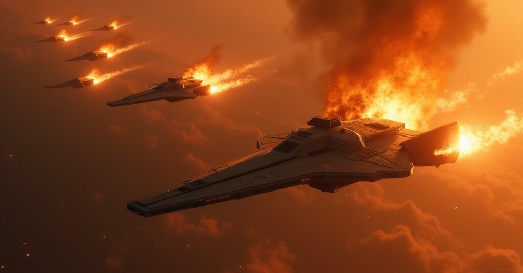 Klingon warships attacking a rogue warship amid wreckage above a planet in Star Trek Fleet Command