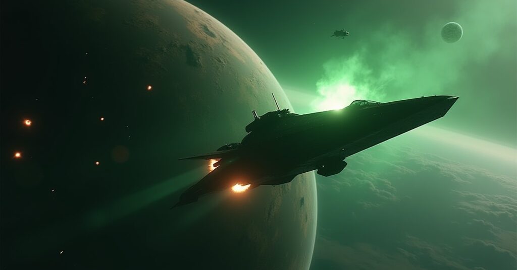 A Romulan warbird destroying an orbital satellite above a colony world in Star Trek Fleet Command