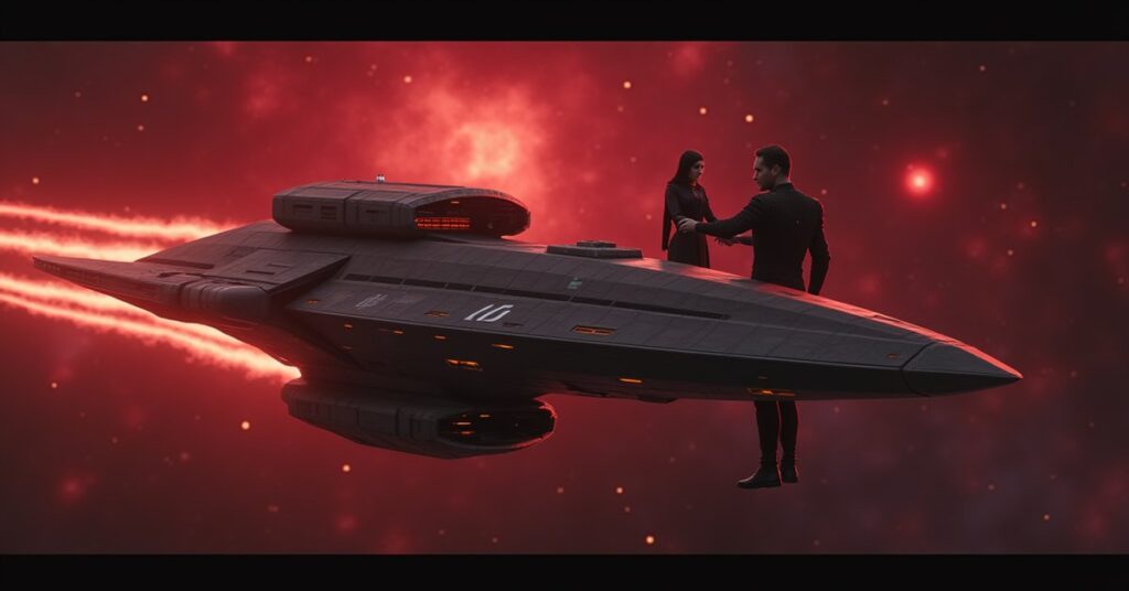 A Romulan vessel holding a Klingon captive while another ship follows a fading warp trail in Star Trek Fleet Command