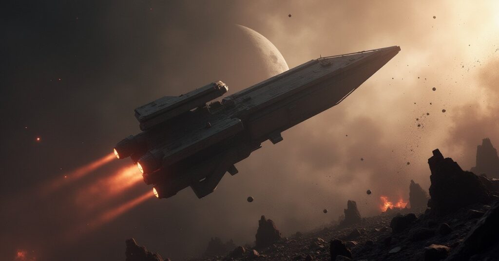 A starship searching through the wreckage of destroyed Klingon warships in Star Trek Fleet Command