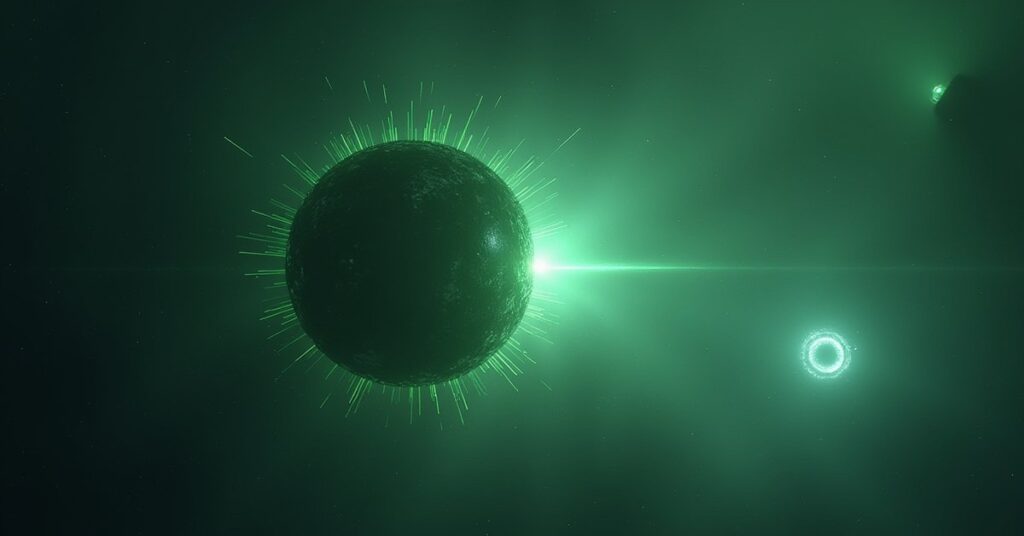 A damaged Borg Sphere decloaking as a lone starship approaches with green light spilling from its hull