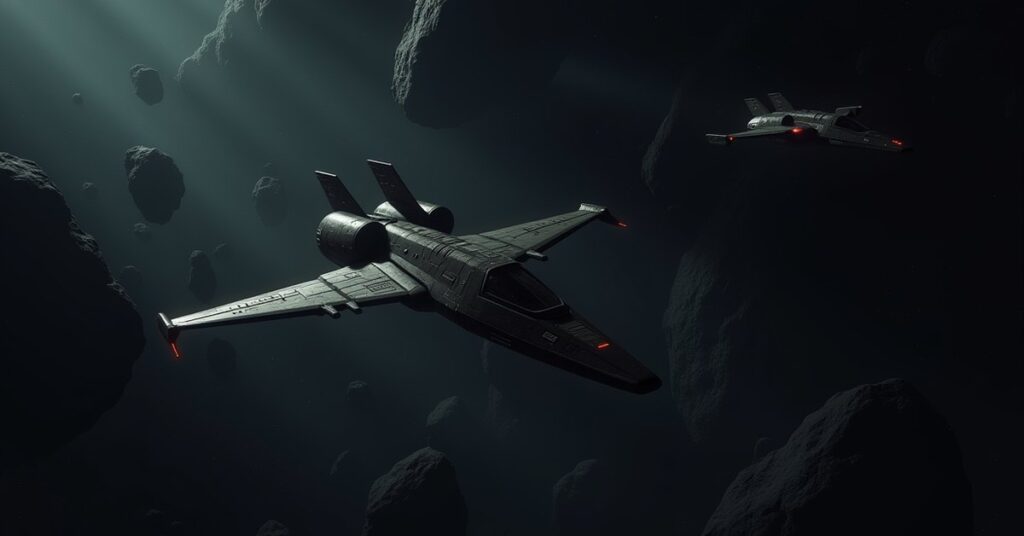 A Romulan warbird searching an asteroid field as an outlaw ship lurks nearby in Star Trek Fleet Command