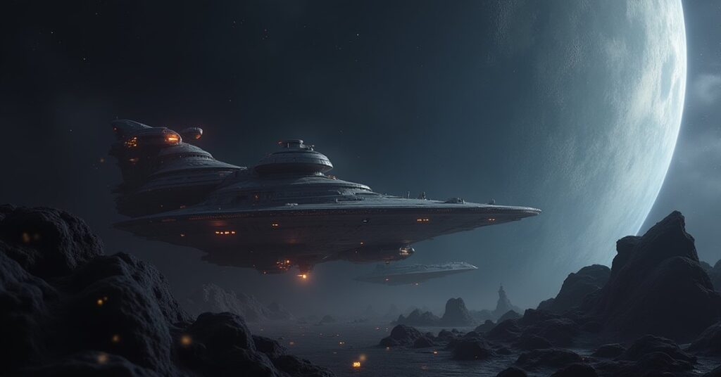 A Starfleet ship scanning debris near a lurking scavenger ship in Star Trek Fleet Command