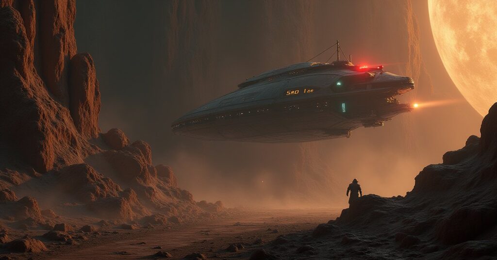 A mining starship working an asteroid belt beside a rundown mining outpost