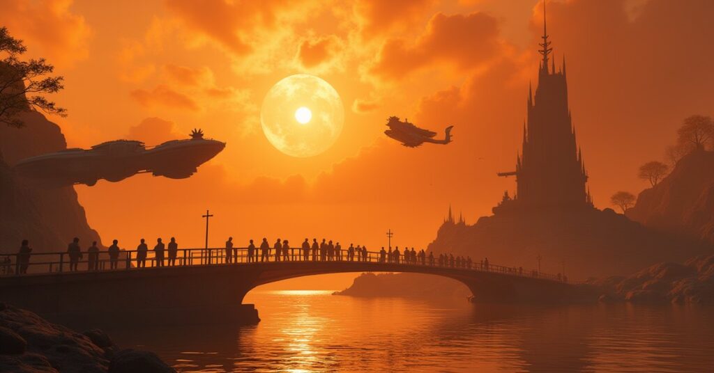 Klingon and Forsaken ships meet at a neutral outpost as delegates cross a docking bridge