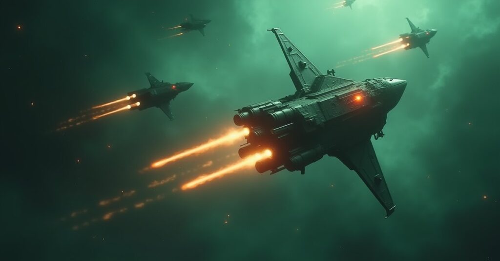A player starship defending a small independent space station from a mercenary fleet in a green nebula