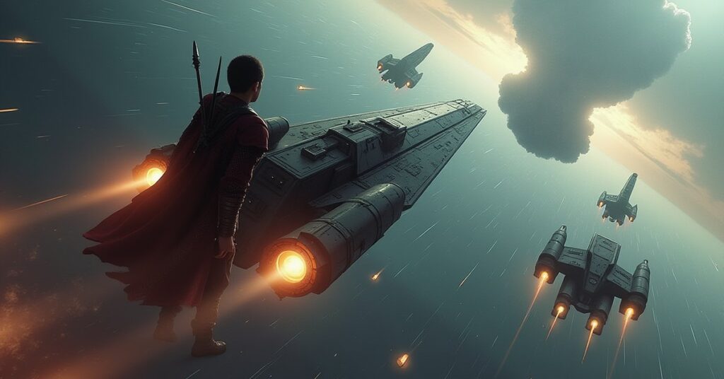 A young Klingon's ship charging a pirate fleet as a starship races in Star Trek Fleet Command