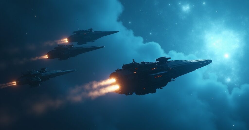 A starship escorting a civilian trade convoy away from Pakled raiders in Star Trek Fleet Command