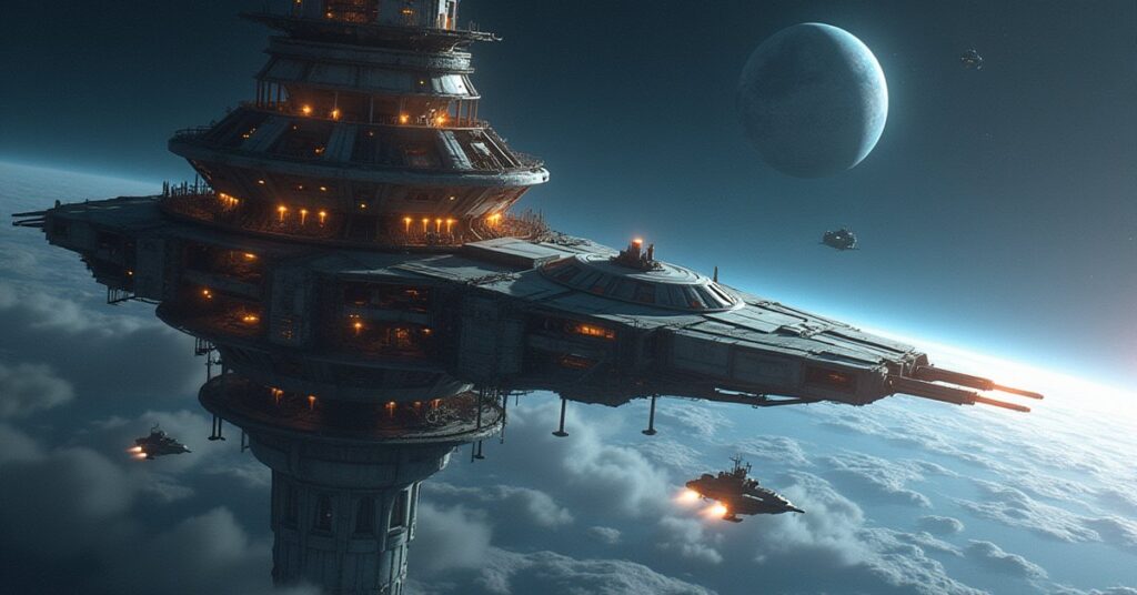 A starbase command tower extending a new sensor array as construction drones work in Star Trek Fleet Command