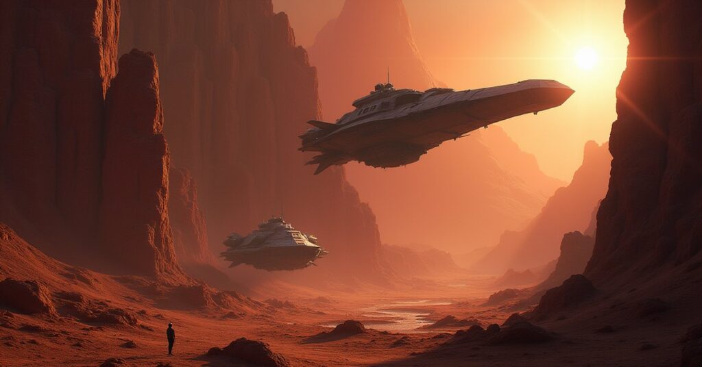 A starship diving toward an alien dig site guarded by an enemy ship in Star Trek Fleet Command