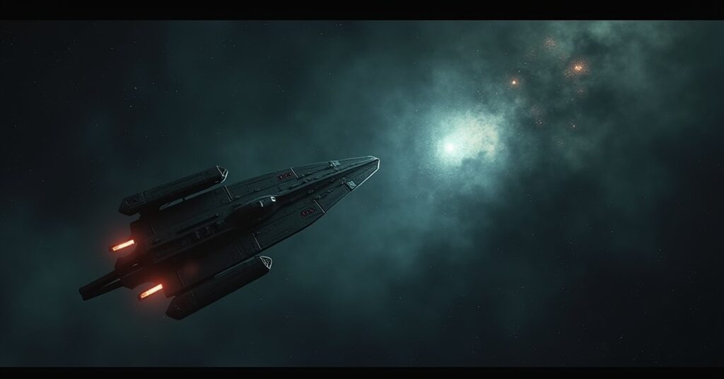 A Starfleet ship defending a small colony from Suliban Cabal ships swarming out of a nebula
