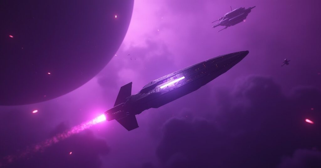 A Federation starship facing a swarm of Actian Brood ships in a violet nebula