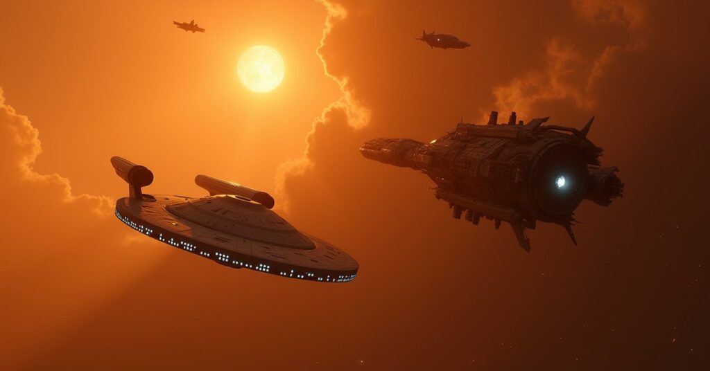 A starship cornering a damaged rogue vessel near an orange star while a Klingon warship watches in Star Trek Fleet Command
