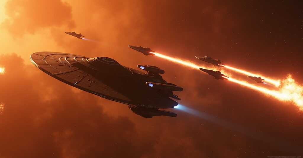 A Klingon warship battling Federation starships in a burning system in Star Trek Fleet Command