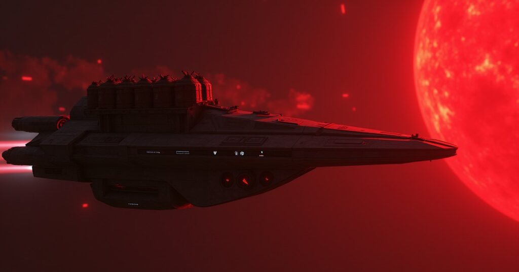 A Klingon ship hauling festival supplies past a Romulan guard ship toward Kronos in Star Trek Fleet Command