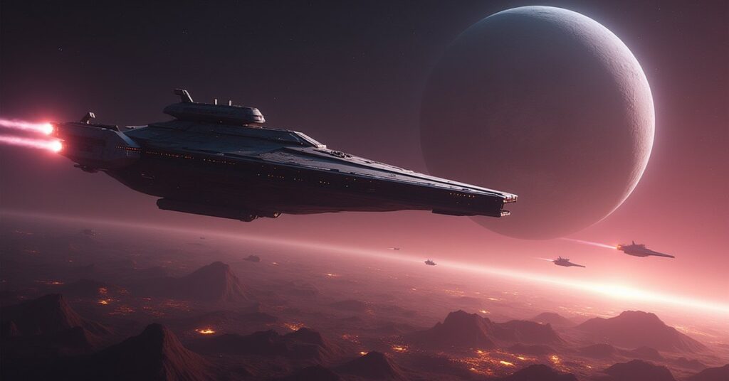 A starship tests a prototype weapon on target ships at a remote firing range near a gas giant