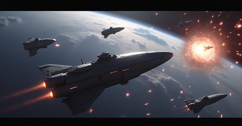 Suliban ships attack Starbase 1 above Earth as a Federation starship leads the counterattack
