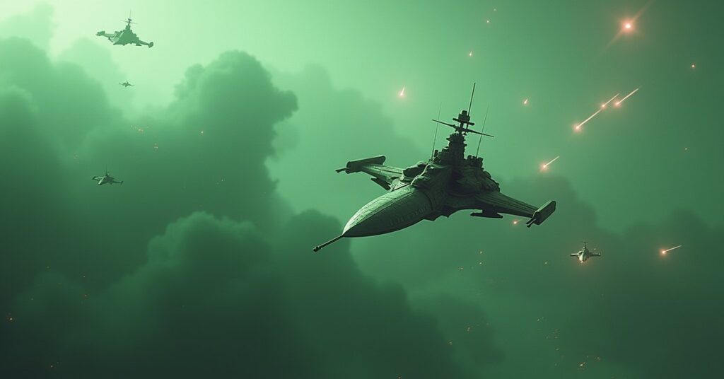 A small starship fighting a pack of raiders above a green planet with a defense squadron behind it in Star Trek Fleet Command