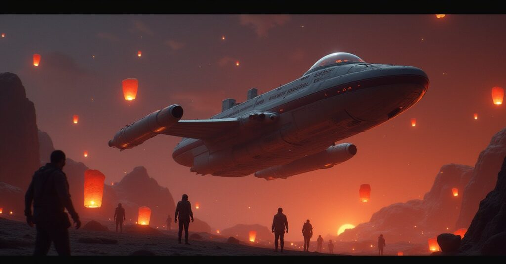 A Cerritos shuttle escaping a Hirogen hunter ambush above a festival planet