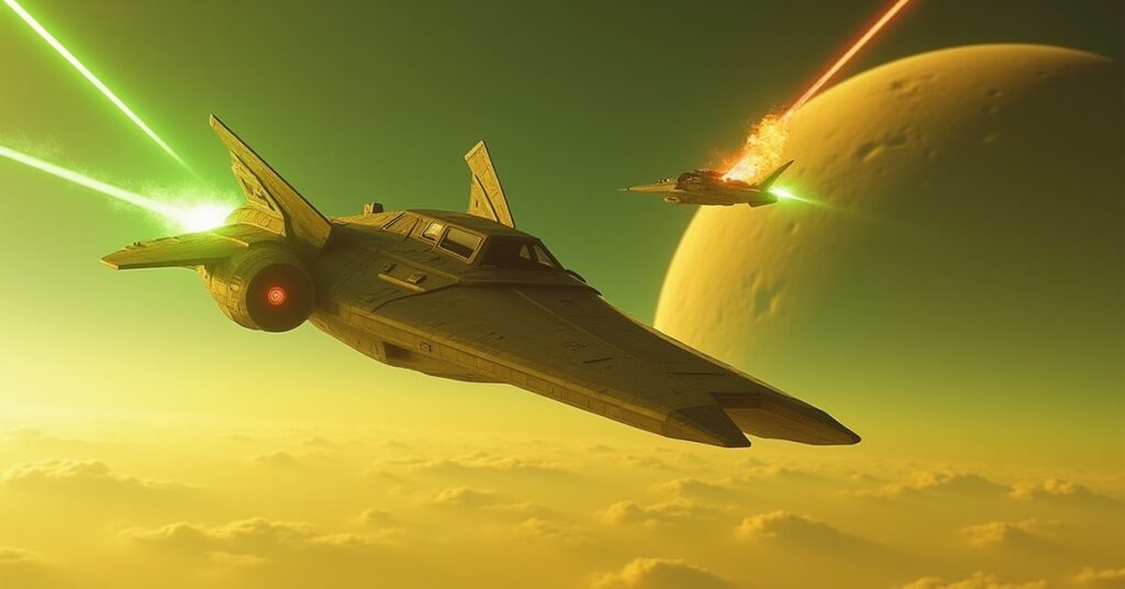 A Romulan warbird fighting a Starfleet cruiser above a yellow planet in Star Trek Fleet Command