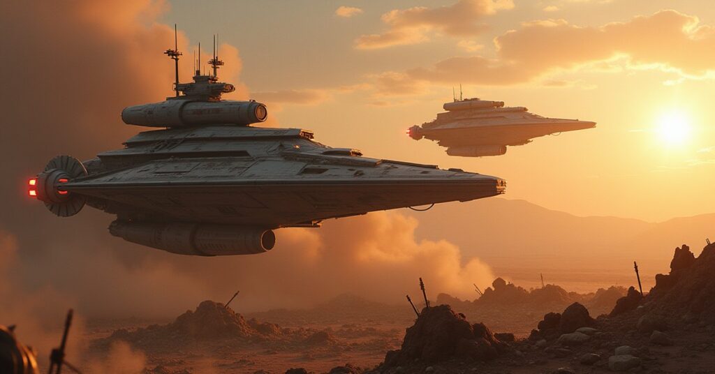 A Ferengi ship and a Pakled ship facing off over battle wreckage in Star Trek Fleet Command