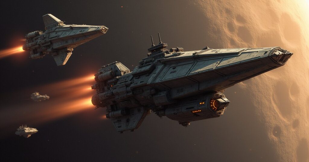 A Klingon ship battles a Nausicaan warship and troop carrier above a colony moon