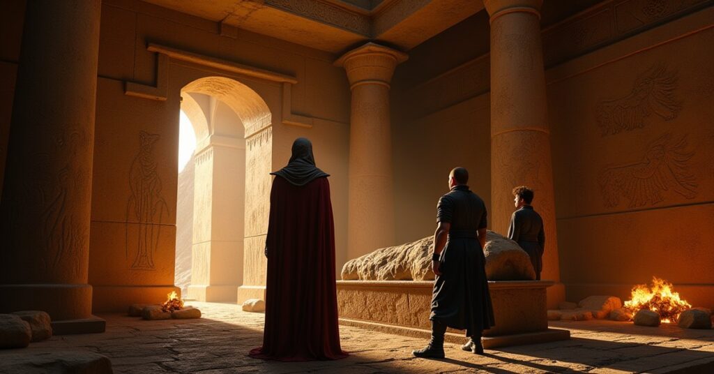 An elder and crew stand before a sarcophagus in an opened tomb vault in Star Trek Fleet Command