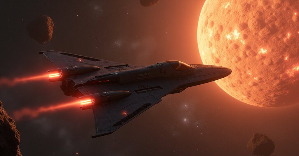 A Romulan warbird taking over an asteroid mining field from an armed platform in Star Trek Fleet Command