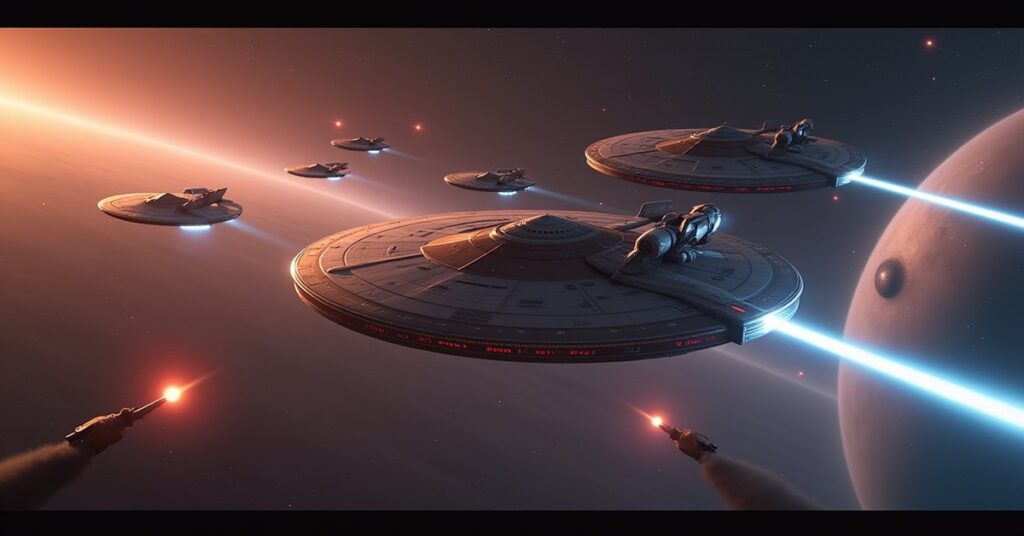 Starfleet ships holding the line against Klingon warships over a planet in Star Trek Fleet Command