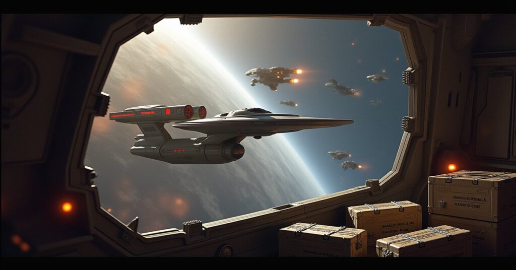 Federation, Klingon and Romulan warships clashing near a Ferengi trade ship above Ferenginar