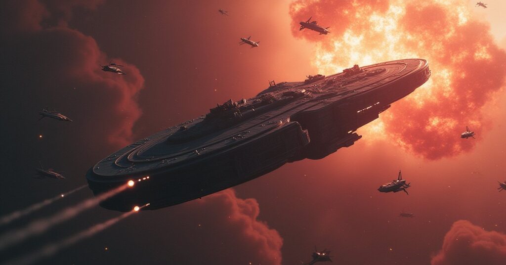 A damaged Federation ship near a starbase under attack by Suliban fighters in Star Trek Fleet Command