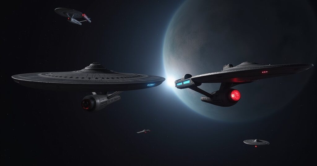 Federation, Klingon and Romulan warships facing off around a starship in Star Trek Fleet Command