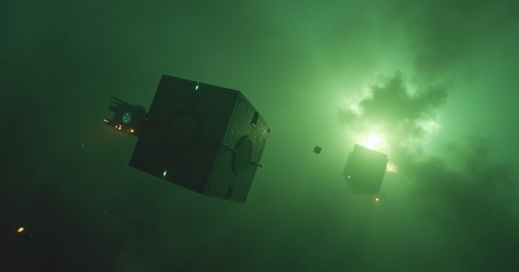 A mysterious alien vessel fleeing a burning outpost as a starship gives chase in Star Trek Fleet Command