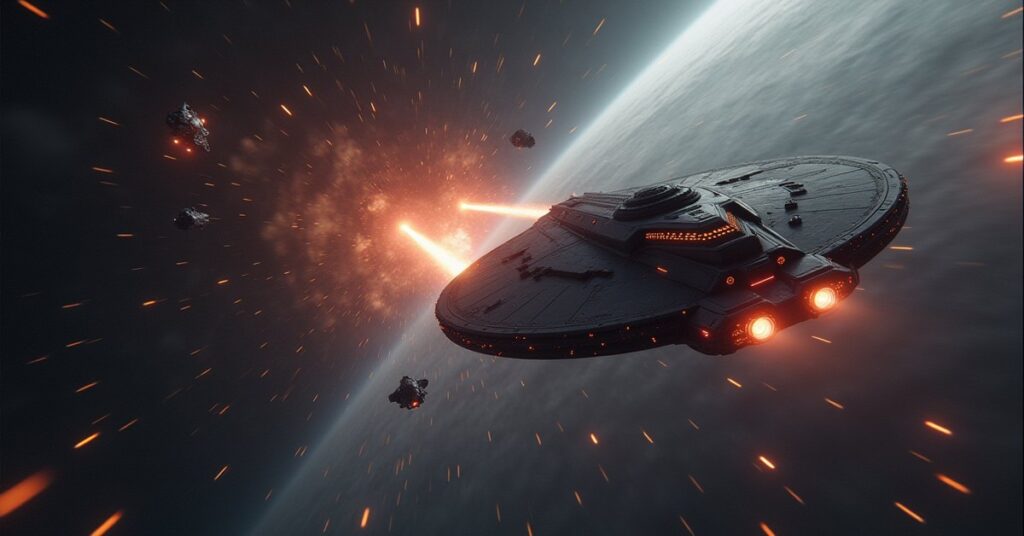 A starship firing on a fleeing Borg ship as a rift closes behind it in Star Trek Fleet Command