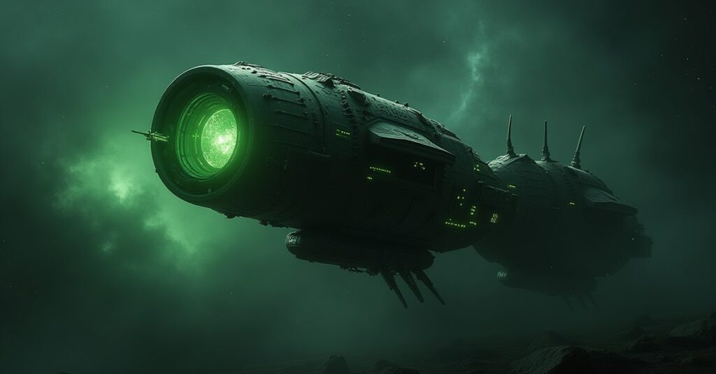A partly assimilated Borg scout ship near a starbase with a shimmering rift behind it in Star Trek Fleet Command