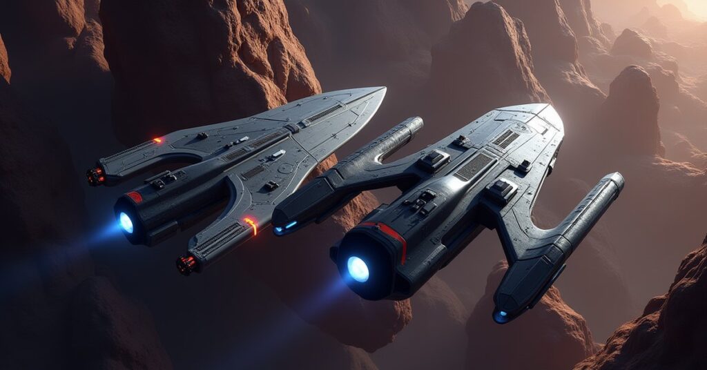 Two starships race through an asteroid belt as a judge ship watches in Star Trek Fleet Command