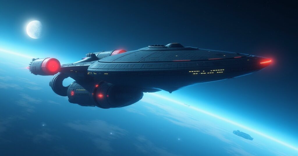 A Starfleet ship escorting a prisoner transport toward Earth in Star Trek Fleet Command