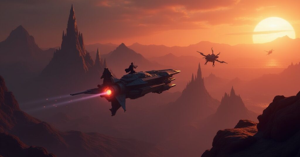 A small starship driving off pirate raiders above a colony world in Star Trek Fleet Command