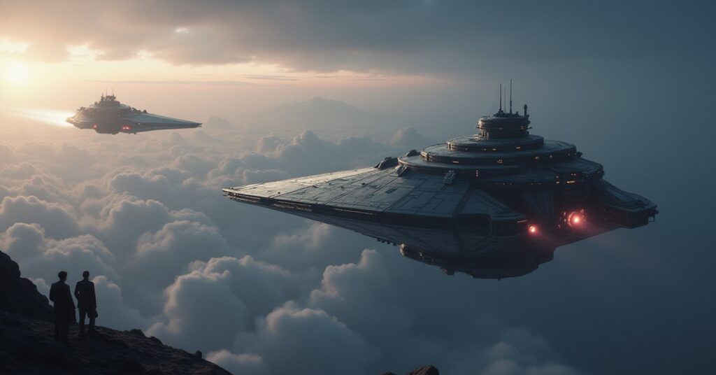 An alien ship and a starship facing off in a duel as a fleet watches in Star Trek Fleet Command
