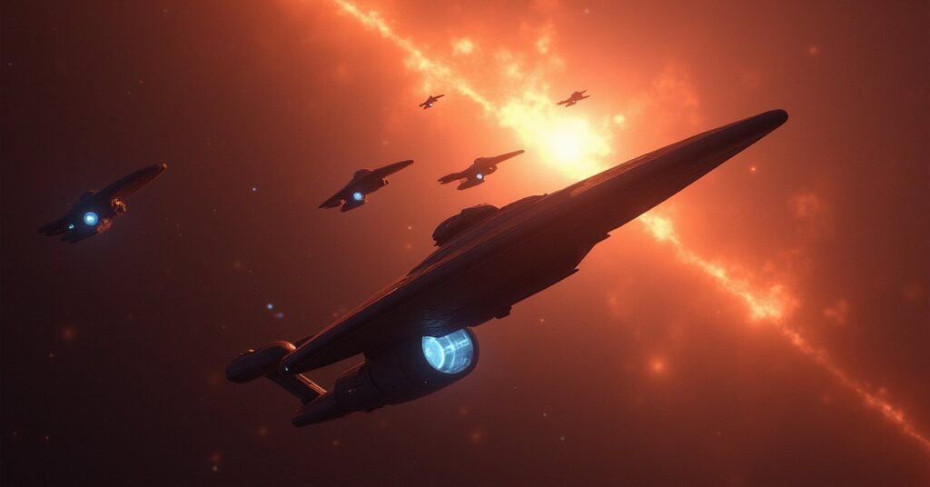 Starfleet ships holding a line as Klingon warships retreat through a nebula in Star Trek Fleet Command